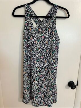 LOFT Navy Floral Mini Dress with Pink, Teal and Yellow Bird Accents